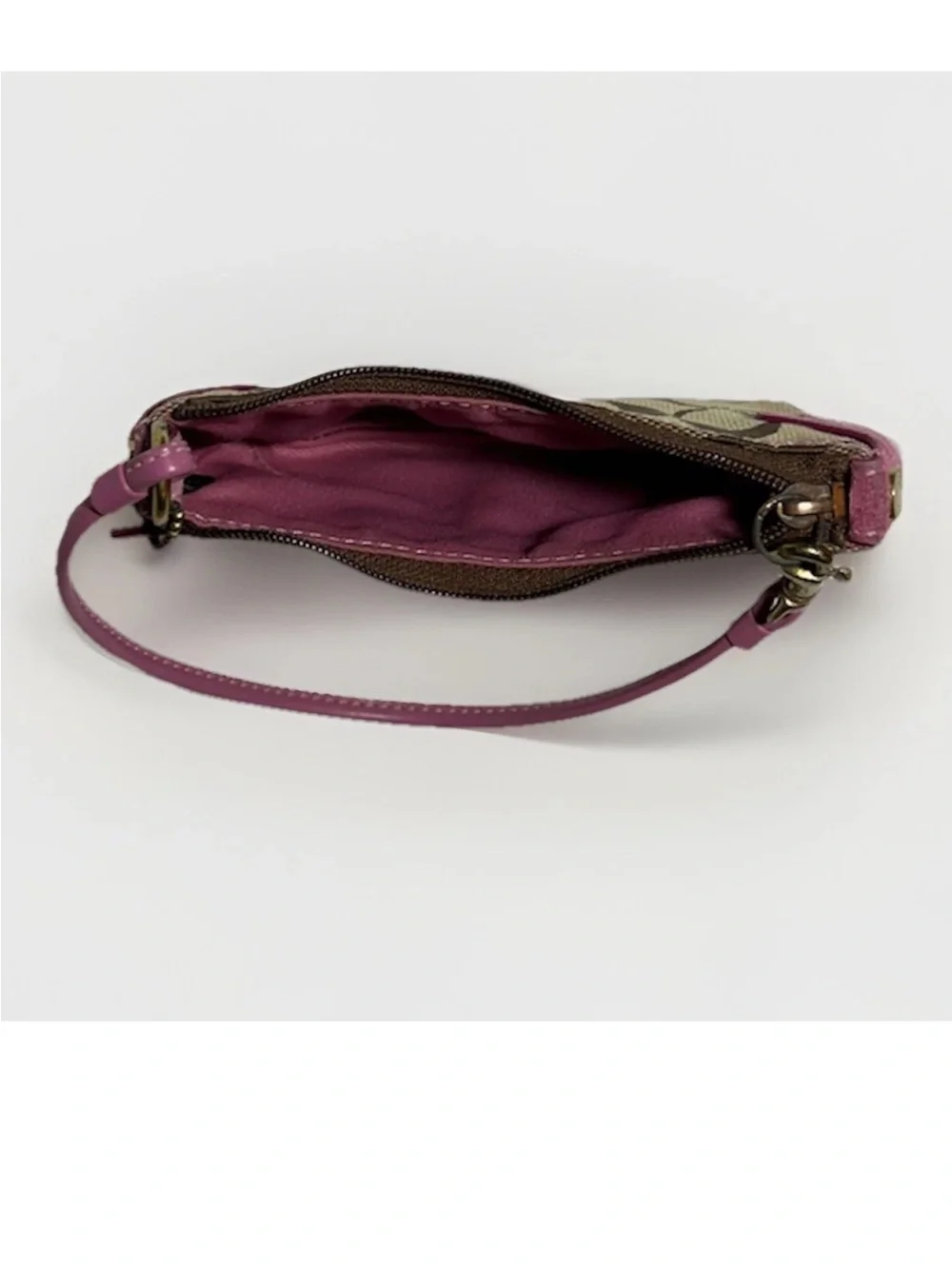 Coach Soho Hobo Mini Wristlet, Signature Brown/Beige Canvas, Pink Suede Trim,